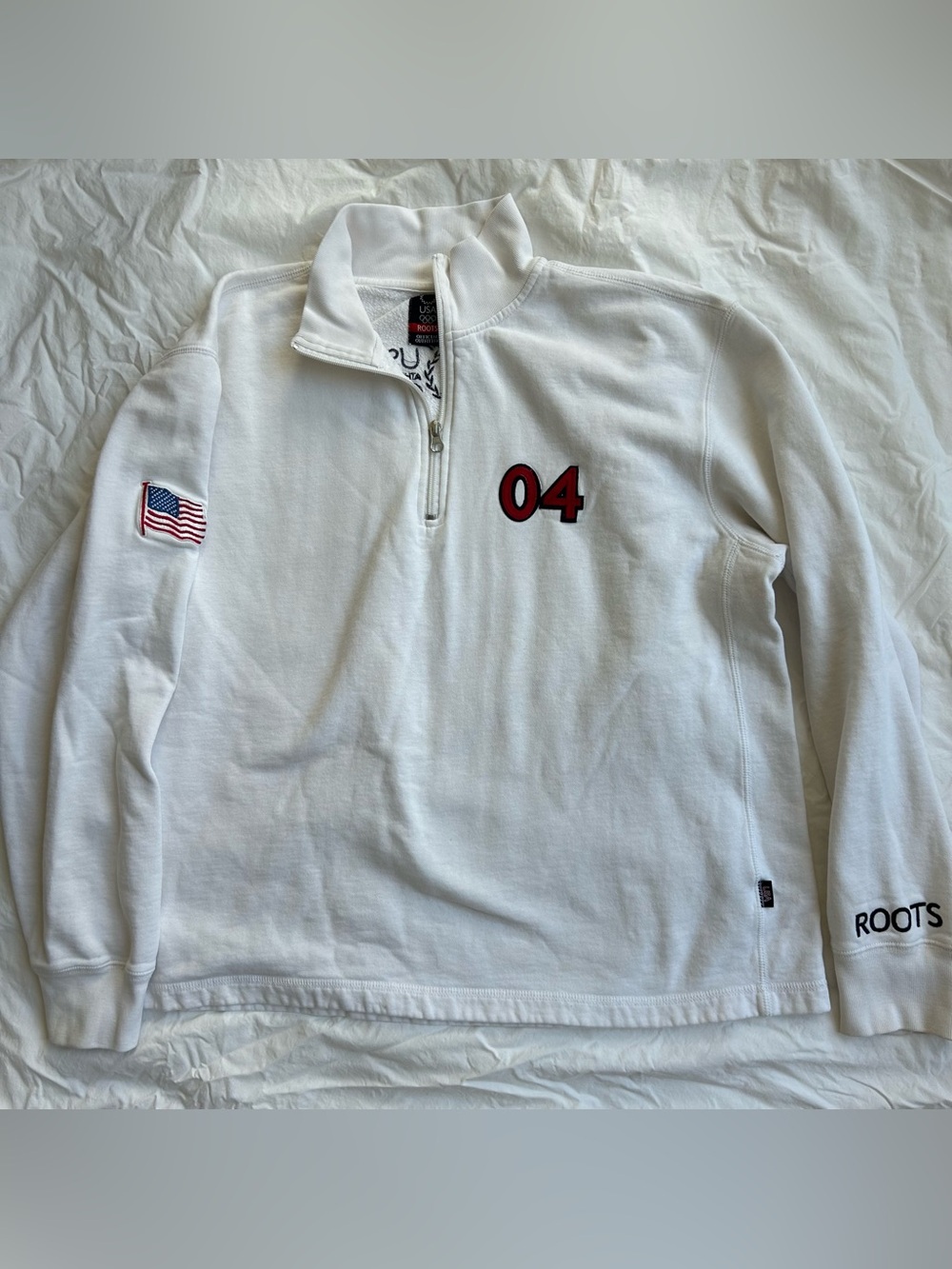 Rare Y2K Olympic Team USA Roots White 1/4 Zip Pullover with '04 Patch